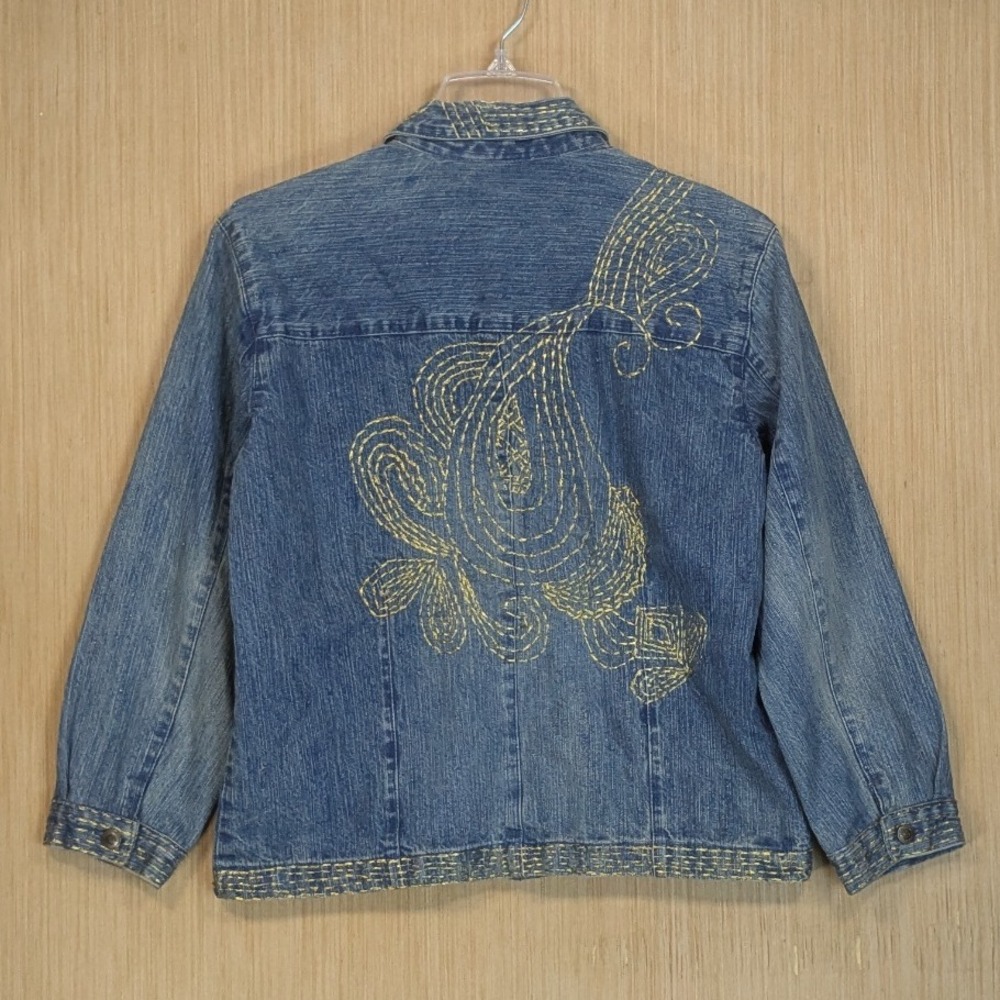 Chicos Denim Blue Jacket Womens Medium Metallic Gold Embroidery Baggy Oversized - Picture 3 of 6